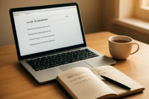 Meja kerja pengembang dengan halaman pencarian PHP terbuka di browser dan catatan query di buku