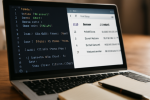 Tampilan kode PHP dan tabel data produk di browser
