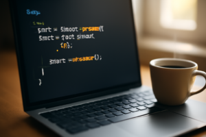 Layar komputer menampilkan kode PHP dengan prepared statement untuk mencegah SQL injection