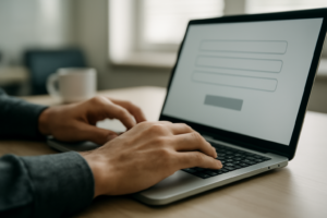 Seseorang sedang mengisi formulir web di laptop untuk mengirim data ke database