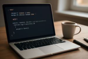 Layar laptop menampilkan kode PHP untuk menampilkan data dari database dengan loop
