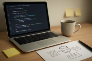 Meja kerja pengembang dengan laptop menampilkan kode PHP dan catatan diagram koneksi database
