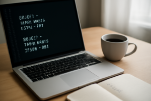 Laptop menampilkan kode query LIMIT dan OFFSET untuk pagination PHP di meja kerja